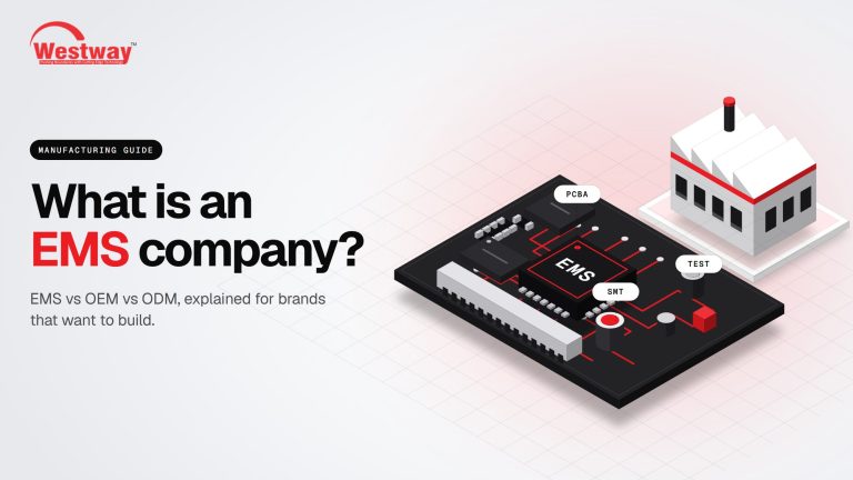 Illustration of an electronics circuit board and factory: what is an EMS company, EMS vs OEM vs ODM explained